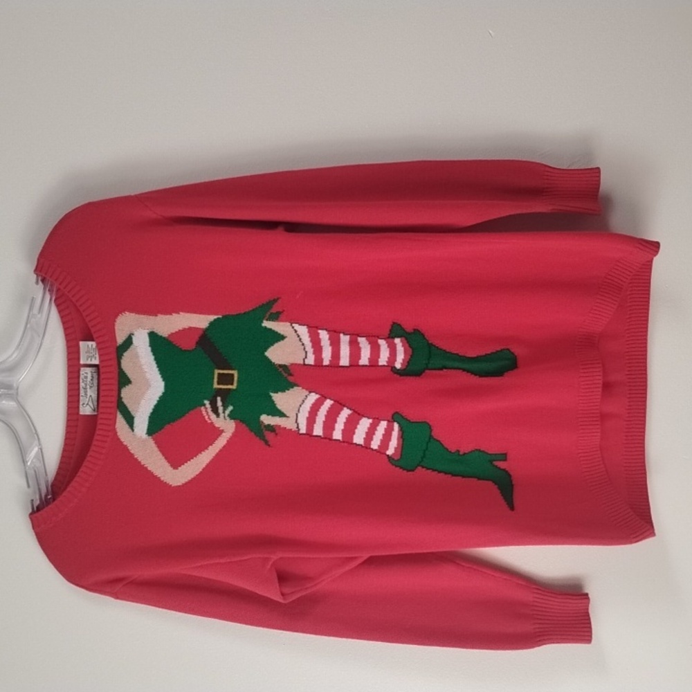 Isabella's Closet Sexy Festive Red Elf Crew Neck Ugly‎ Fun Holiday Sweater